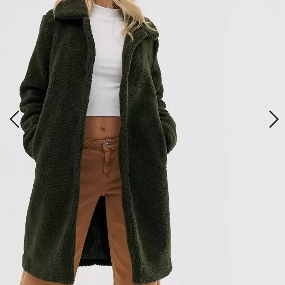 Pieces button forest green teddy coat